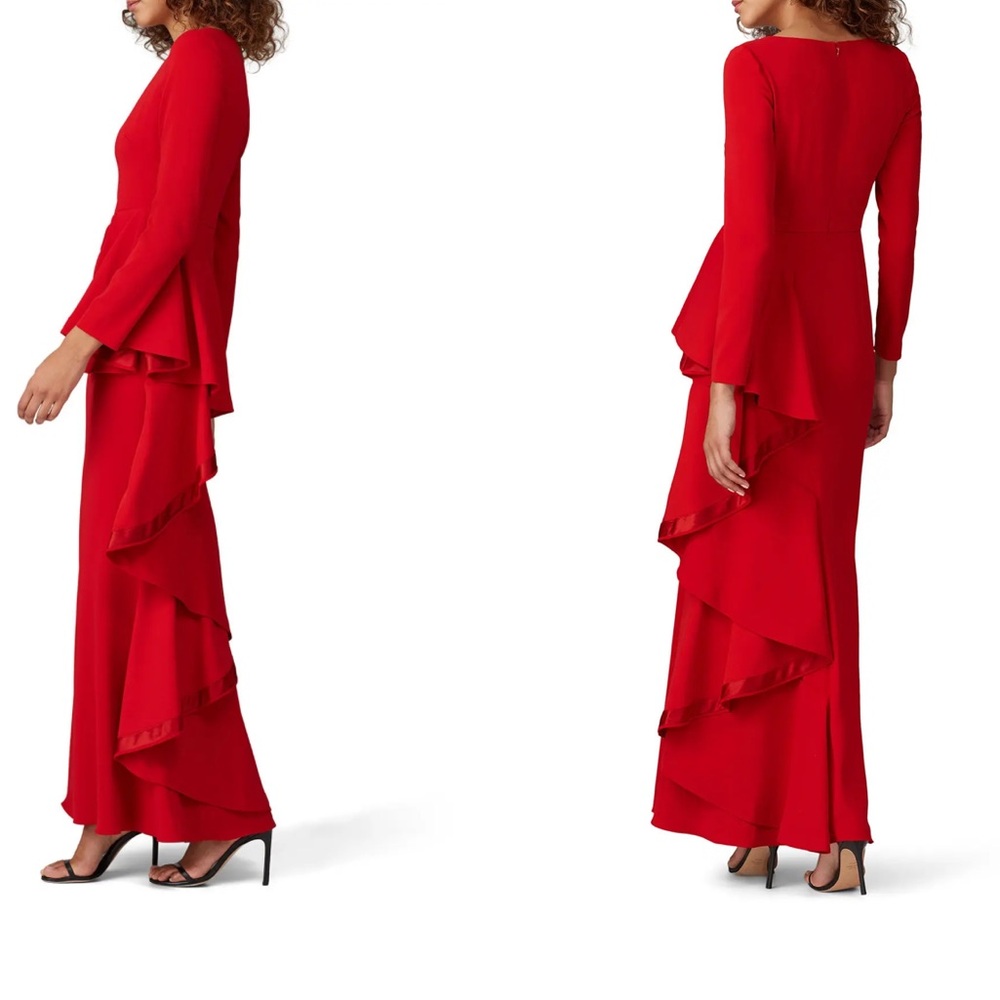 Badgley Mischka Red Long Sleeve Front Ruffle Gown Size  8 - Picture 2 of 11